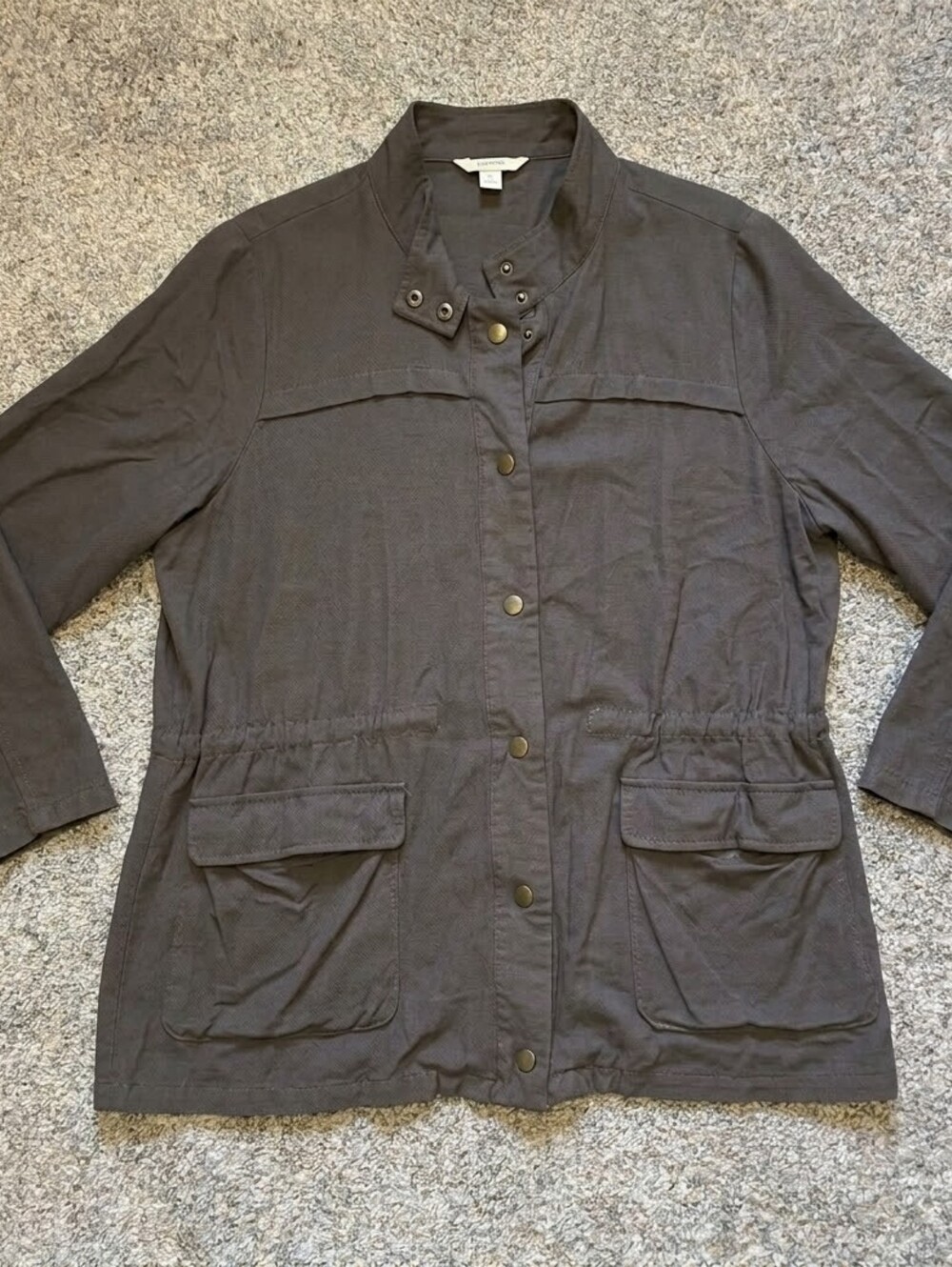Entro Women's Large Brown Utility Safari Jacket Cargo Pockets Brass Button Up